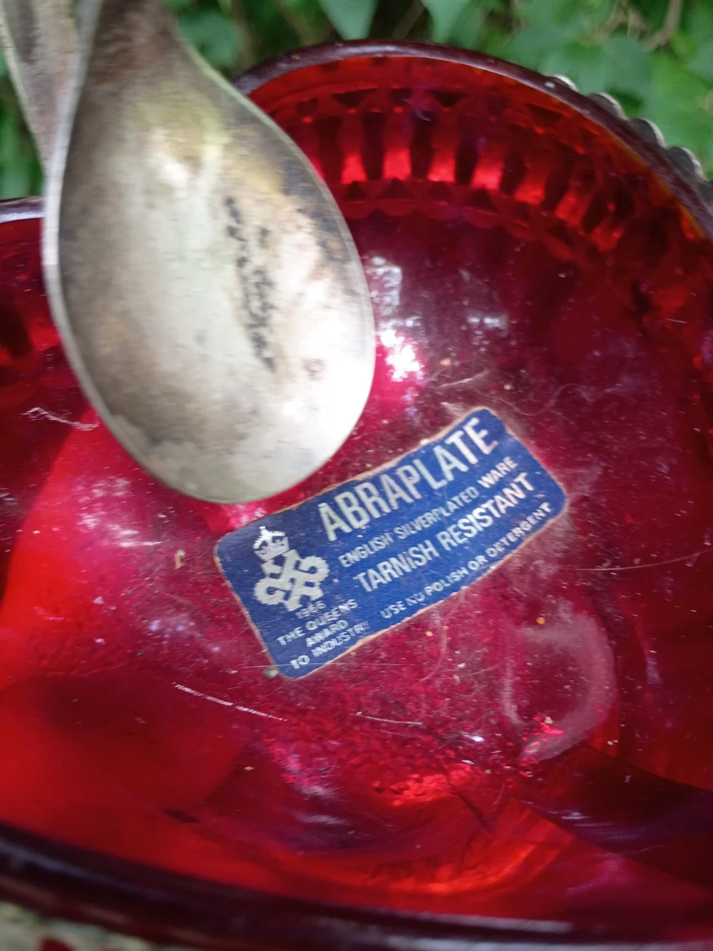 VTG Heart Shaped Silver Plate Jam/Sugar Dish Red Glass w Spoon Sheffield England
